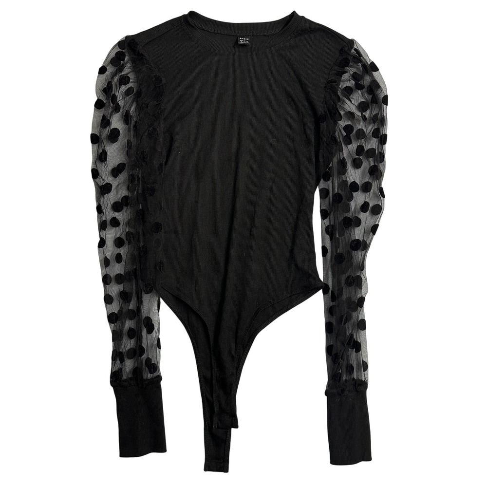 Shein‎ Black Bodysuit Top Polka Dot Mesh Puff Long Sleeves Ribbed Womens Medium